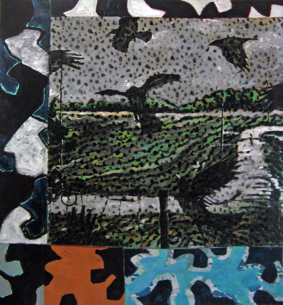 Paysage aux corbeaux -Acryl.s.tissus raboutés - 120 x 135 - 2010