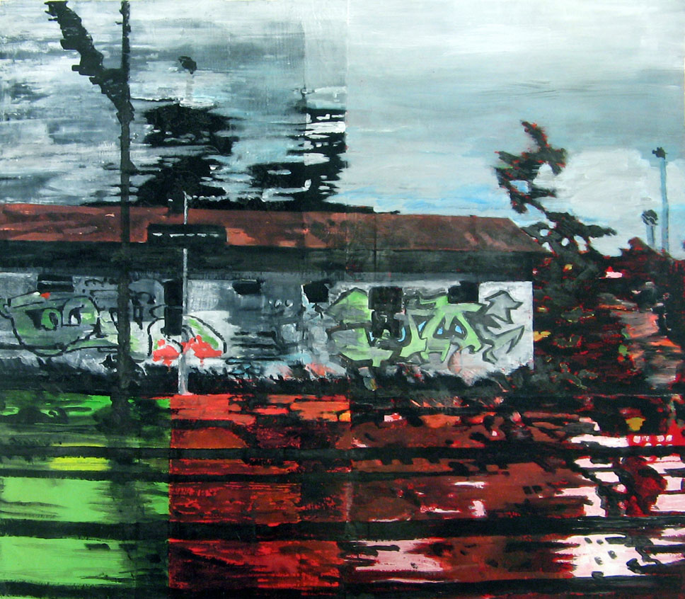 Grand paysage aux tags – Acrylique sur tissus raboutés – 145 x 129 – 2011