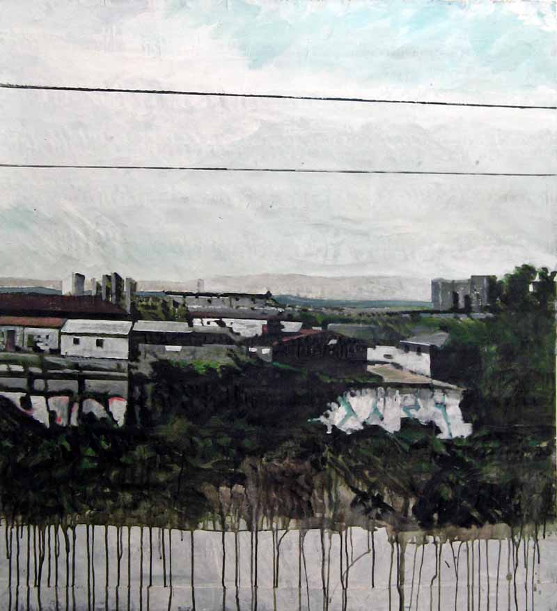 Grande vue du train-Acrylique sur tissus -112 x 122- 2013
