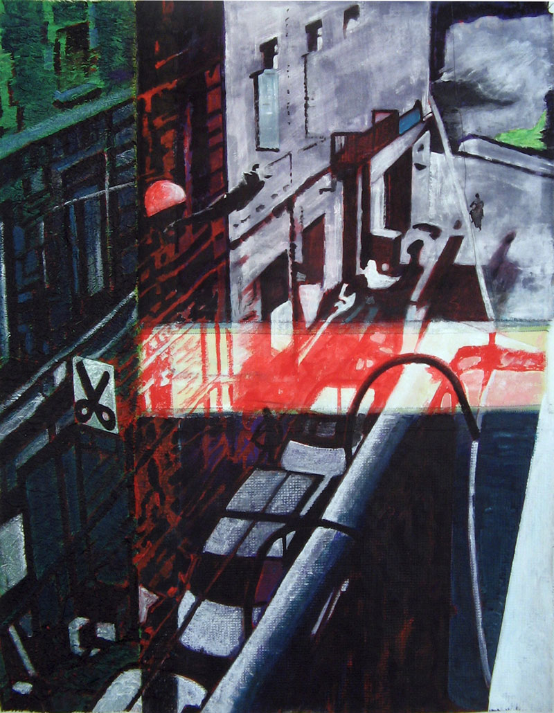 Saut dans le vide dans la rue Jules Ledin - Acrylique sur tissus raboutés - 103 x 133 – 2011