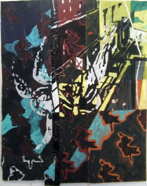 L'ange de la rue Jules Ledin -  Acrylique sur tissus raboutés – 104 x 134 – 2010