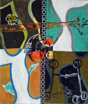 '' Sur le coup de la girafe, la puce... - Acrylique sur tissus raboutés – 58 x 68 – 2009