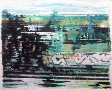 Grand paysage vue du train – Acrylique sur tissus raboutés – 156 x 123 – 2011